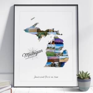 Customized Michigan Photo Map Collage with Caption Greate Lakes State in a frame